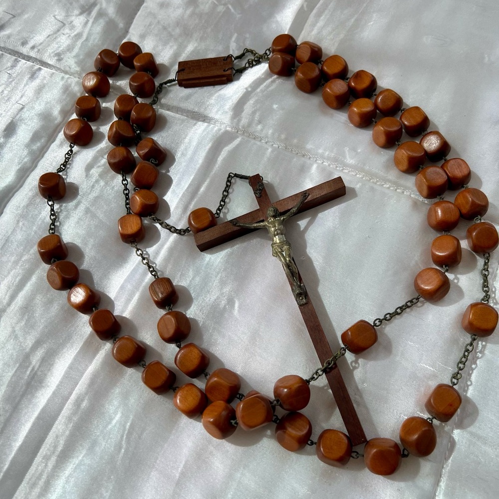 Vintage Wooden Rosary – Wall Display, 46" Length, Aged Silver Crucifix